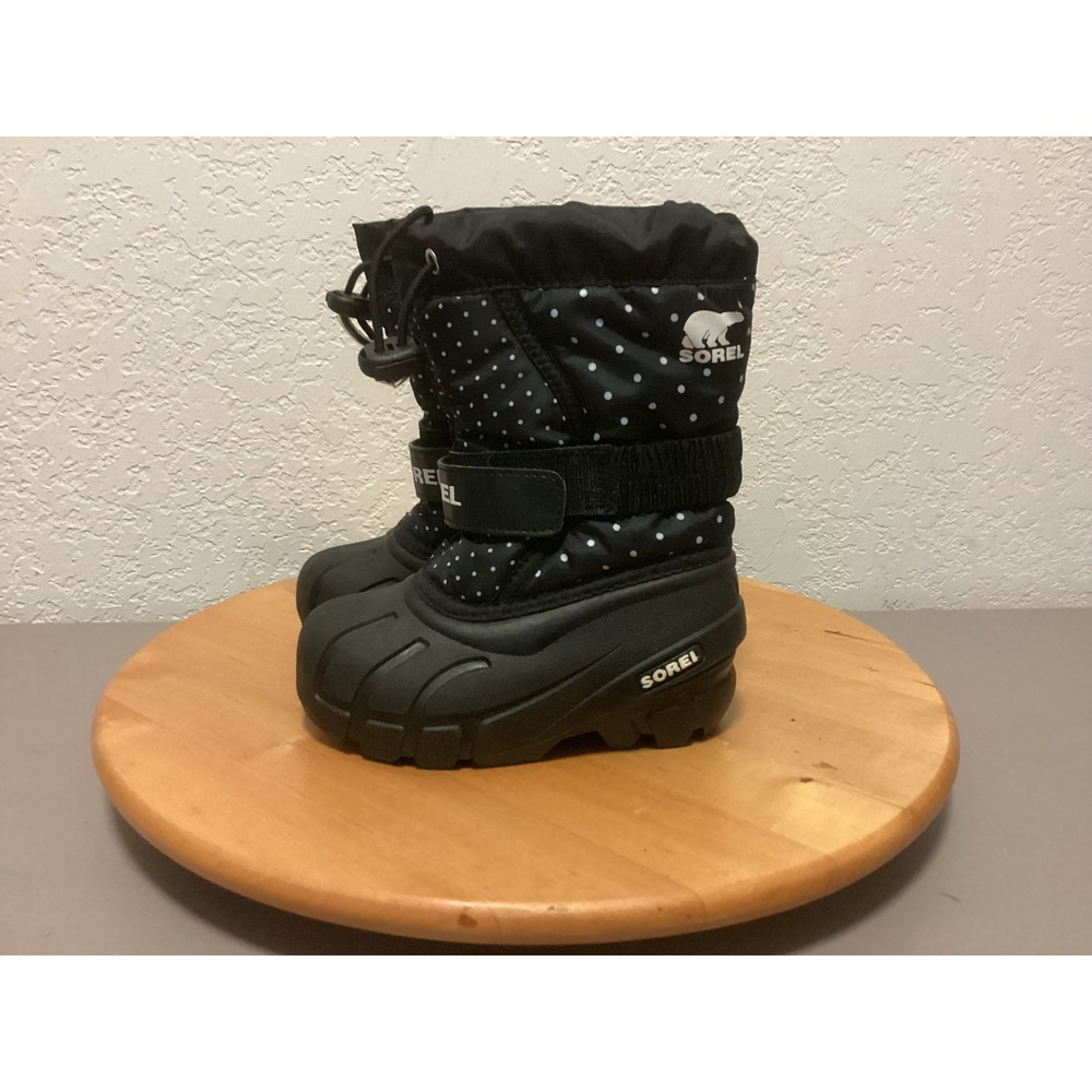 Sorel Snow Flurry Boots Kids Size 8 Black‎ Polka Dot Waterproof Insulated NC3503